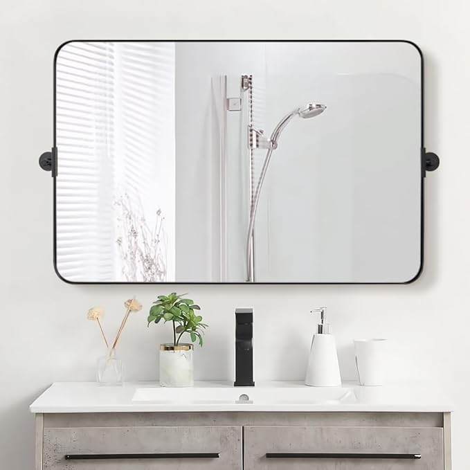 MOON MIRROR 30" x 22" Matte Black Rectangle Bathroom Mirror, Tilting Rounded by MOONMIRROR