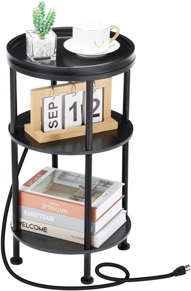 Small Round Side Table with Charging Station by Zexvida