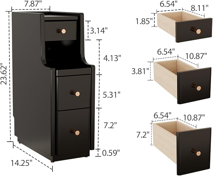 Narrow Nightstand with 3 Drawers, Solid Wood Narrow Bedside Tables, Small - Image 2