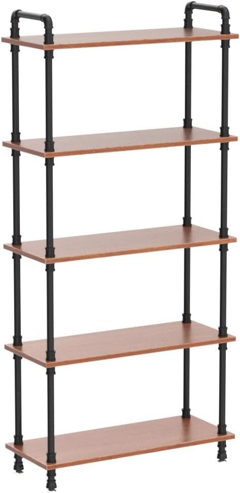 Industrial Bookshelf, 5 Shelf Bookcase, Rustic Brown Pipe Shelving - Image 5