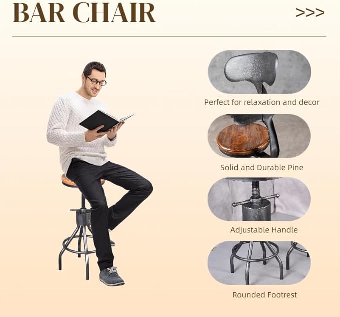 LOKKHAN Set of 2 Rustic Industrial Bar Stool-24-30 Adjustable Metal Swivel - Image 4