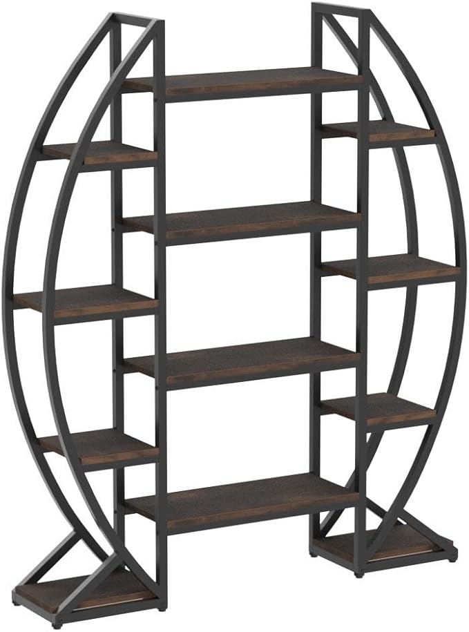 Tribesigns Oval Bookshelf, Triple Wide 5 Tier Etagere Bookcase, Industrial - Image 5