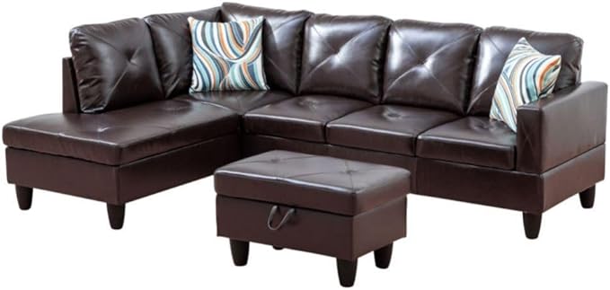 Brown L-Shaped 3-Piece Faux Leather Sofa by Unknown