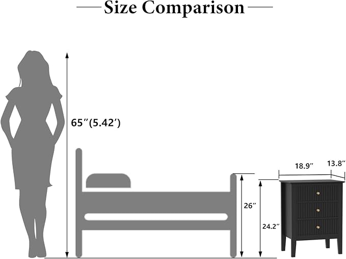OCANDO Fluted Black Nightstand 19", 3 Drawers Night Stand, Bed Side End Table - Image 3