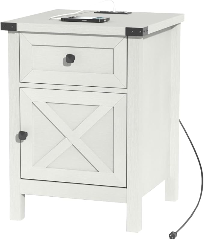 Farmhouse Nightstand with Charging Station, Rustic End Table with Barn Door and - Image 7
