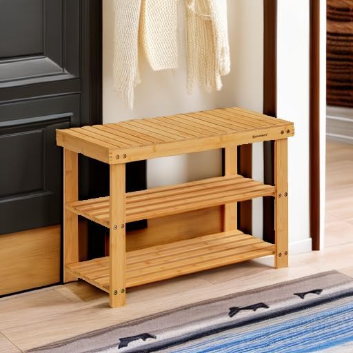 SONGMICS Shoe Rack Bench, 3-Tier Bamboo Shoe Storage Organizer, Entryway Bench - Image 5