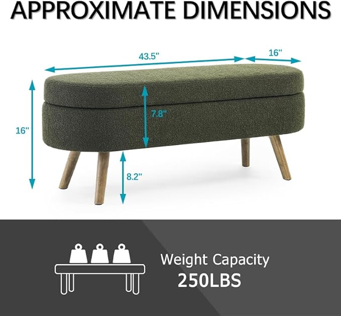Oval Storage Bench 43.5" Linen Fabric Upholstered Entryway Bench - Image 2
