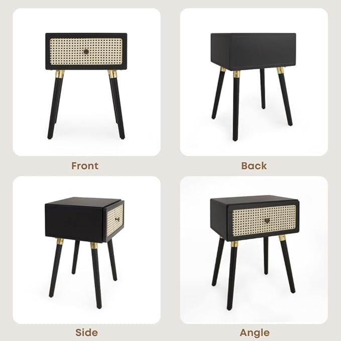Bme Nipe Black Solid Wood Rattan Nightstand Fully Assembled, Woven Cane End - Image 7