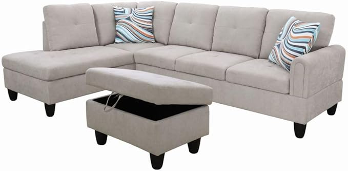 Grey White L-Shaped 3-Piece Flannel Sofa - Image 8