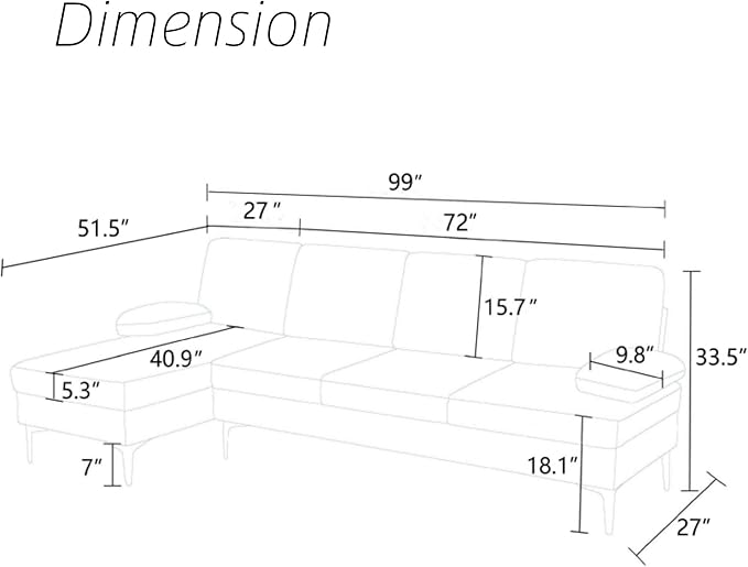 L Shape Sofa with Chaise, 4 Seat Living Room Sofa Set with Golden Wooden Leg - Image 2