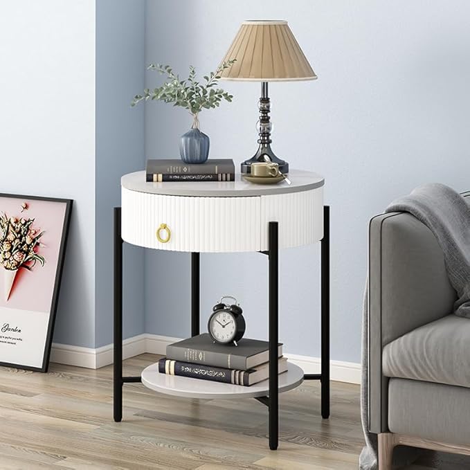 OIOG Round End Table with Drawer, Modern 2 Tier NightStand with Shelf, Small - Image 7