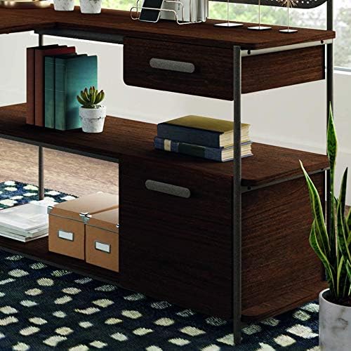 Sauder Radial Modern Metal and Wood L-Shaped Desk, Umber Wood Finish - Image 5