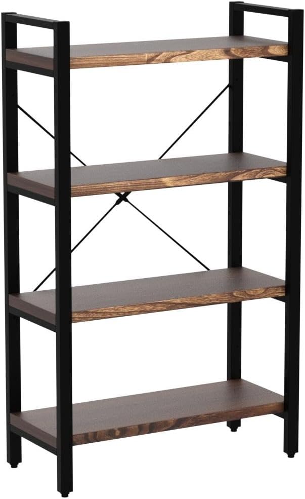 Solid Wood Bookshelf, 4-Tier Rustic Vintage Industrial Etagere Bookcase - Image 4