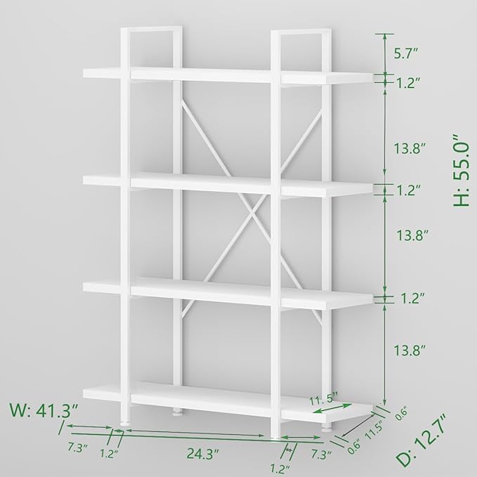 HSH 4 Tier White Bookshelf, Modern 4 Shelf Etagere Bookcase, Industrial Wood - Image 7