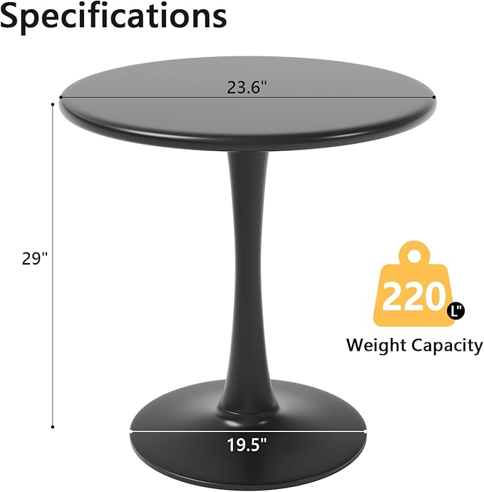 Black Small Tulip Table, 24 Inch Round Dining Table - Image 3