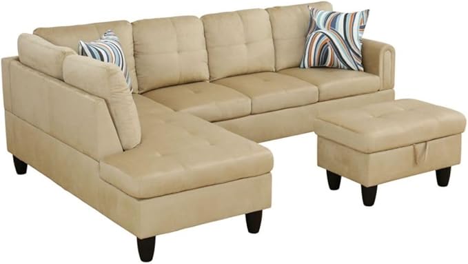 Beige L-Shaped 3-Piece Flannel Sofa - Image 9