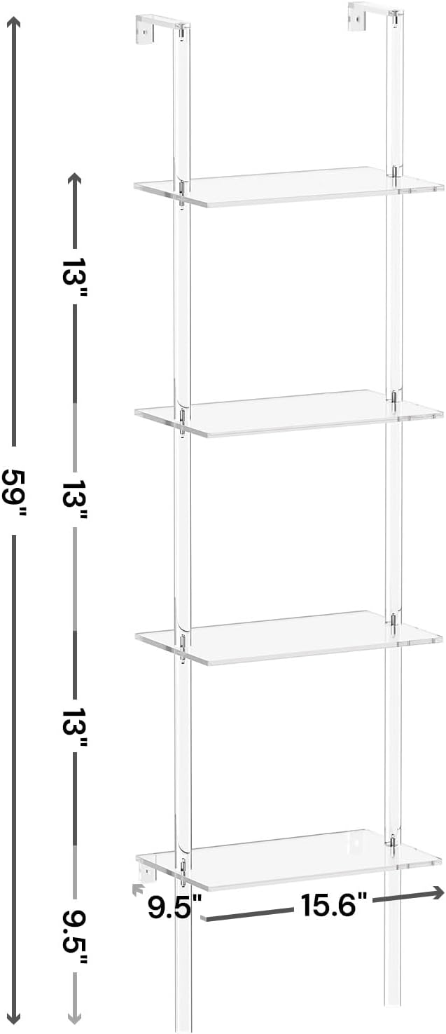 Small Acrylic Ladder Bookshelf, 9.5" D x 15.6" W, 4-Tier Clear Wall Mounted - Image 3