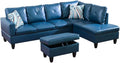 Deep Blue L-Shaped 3-Piece Faux Leather Sofa by Unknown