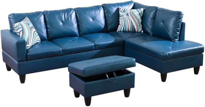 Deep Blue L-Shaped 3-Piece Faux Leather Sofa by Unknown