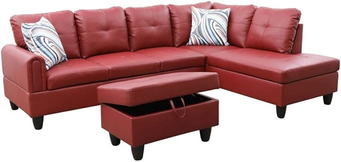 Red L-Shaped 3-Piece Faux Leather Sofa - Image 8