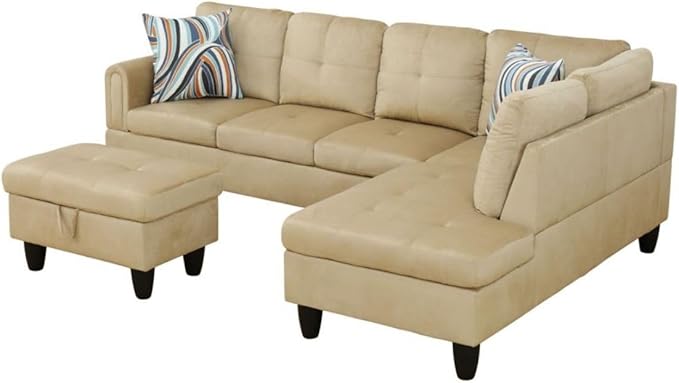Beige L-Shaped 3-Piece Flannel Sofa - Image 7