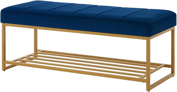24KF Navy Velvet Upholstered End of Bed Bench - Image 5