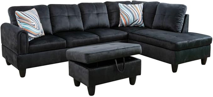 Black L-Shaped 3-Piece Flannel Sofa - Image 7