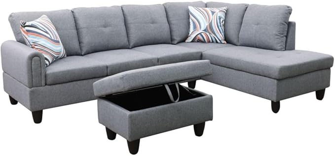 Grey-1 L-Shaped 3-Piece Linen Sofa - Image 8