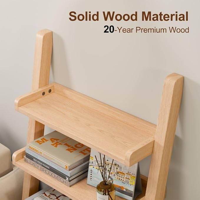 Wooden Ladder Shelf with Edges, 5-Tier Modern Leaning Bookshelf Ladder – - Image 4