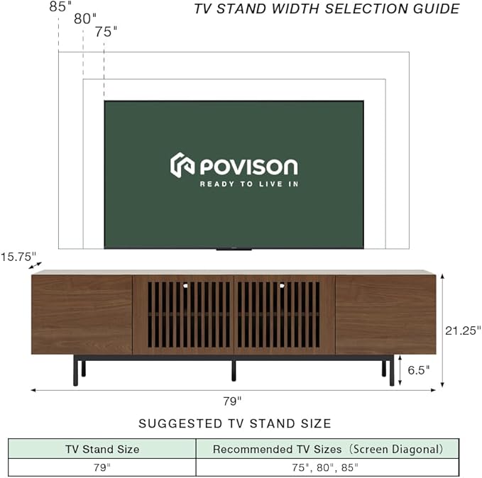 POVISON Mid Century Modern Sintered Stone TV Stand, Slatted Media Console TV - Image 3