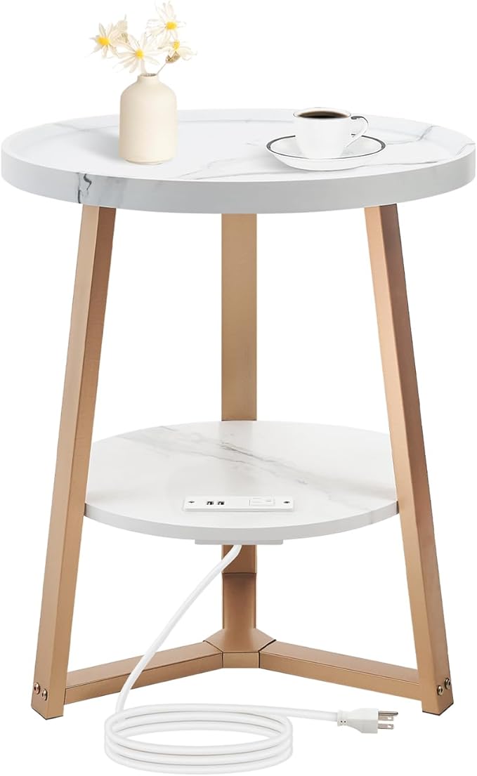 Round End Table with Charging Station, 19.7" Dia x 23.63" H, Side Table with by KJGKKHOME