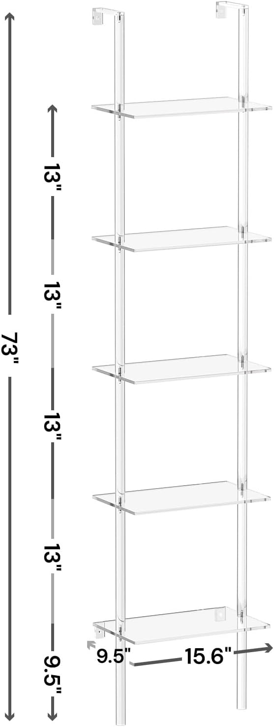 Small Acrylic Ladder Bookshelf, 9.5" D x 15.6" W, 5-Tier Clear Wall Mounted - Image 3