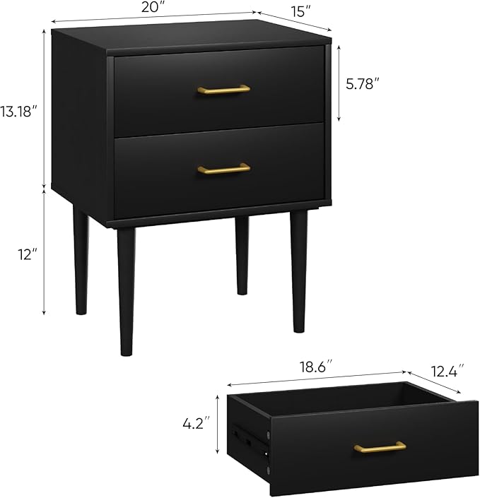 Black Nightstand with 2 Drawers, Tall Modern Night Stand Black, Wooden Night - Image 2