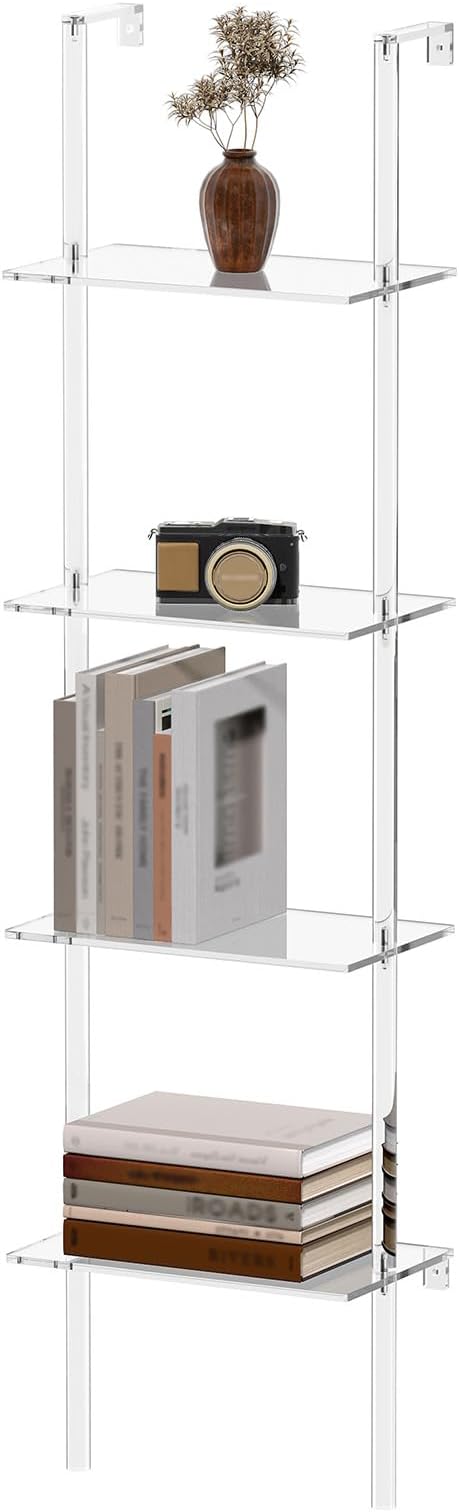 Small Acrylic Ladder Bookshelf, 9.5" D x 15.6" W, 4-Tier Clear Wall Mounted by CRTERICX