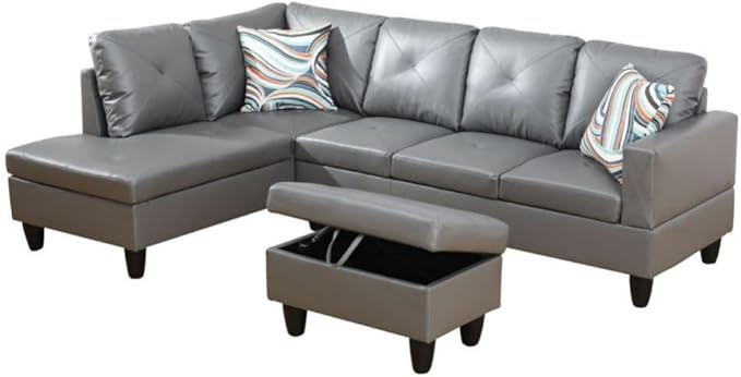 Dark Grey L-Shaped 3-Piece Faux Leather Sofa by Unknown