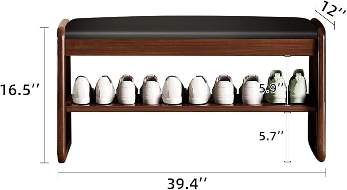 Wooden Shoe Storage Bench with Padded Top Cushion, Two-Tier Wooden Shoe Rack - Image 2