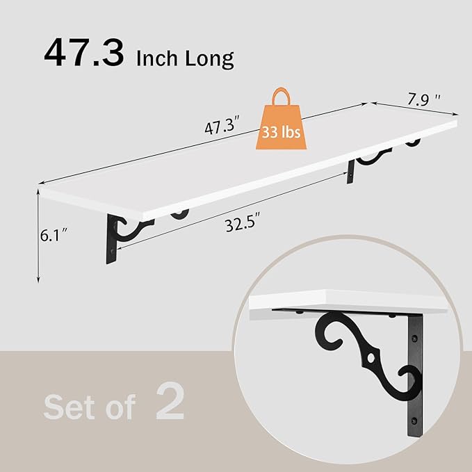 DINZI LVJ Long Wall Shelves, 47.3 Inch Large Floating Shelves Set of 2 - Image 3