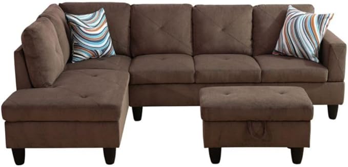 Brown L-Shaped 3-Piece Corduroy Fabric Sofa by Unknown