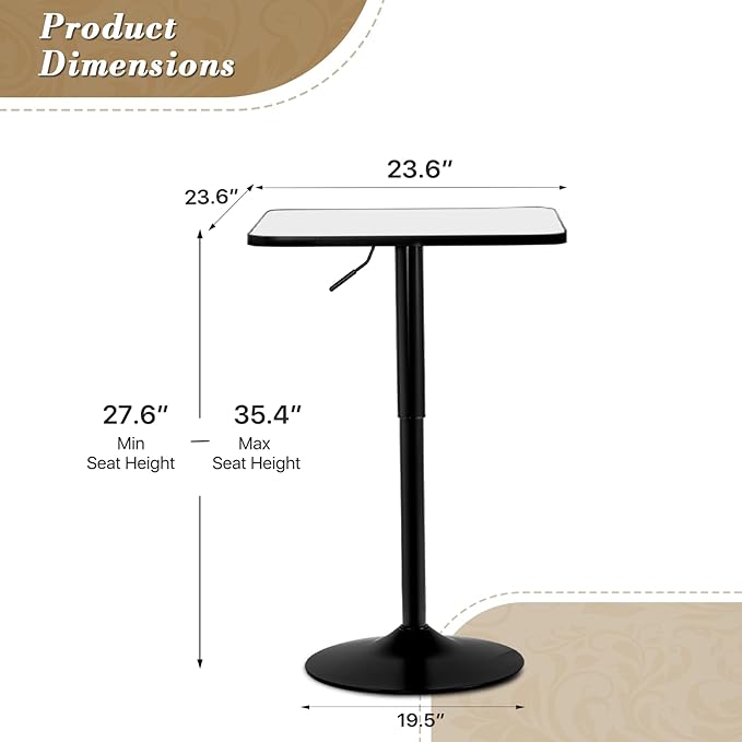 Athena Collection Modern Bar Table Square Top Height Adjustable, Tall Bistro - Image 3