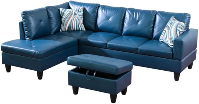 Deep Blue L-Shaped 3-Piece Faux Leather Sofa by Unknown