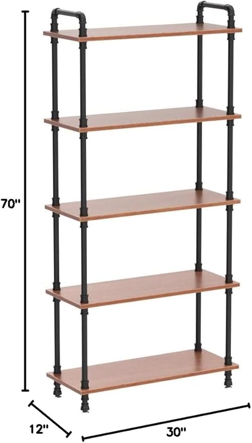 Industrial Bookshelf, 5 Shelf Bookcase, Rustic Brown Pipe Shelving - Image 2
