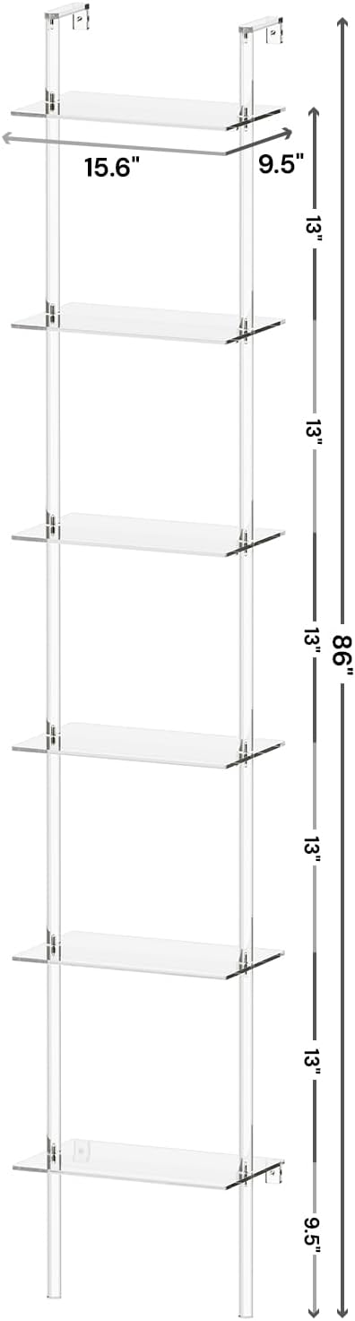 Small Acrylic Ladder Bookshelf, 9.5" D x 15.6" W, 6-Tier Clear Wall Mounted - Image 3