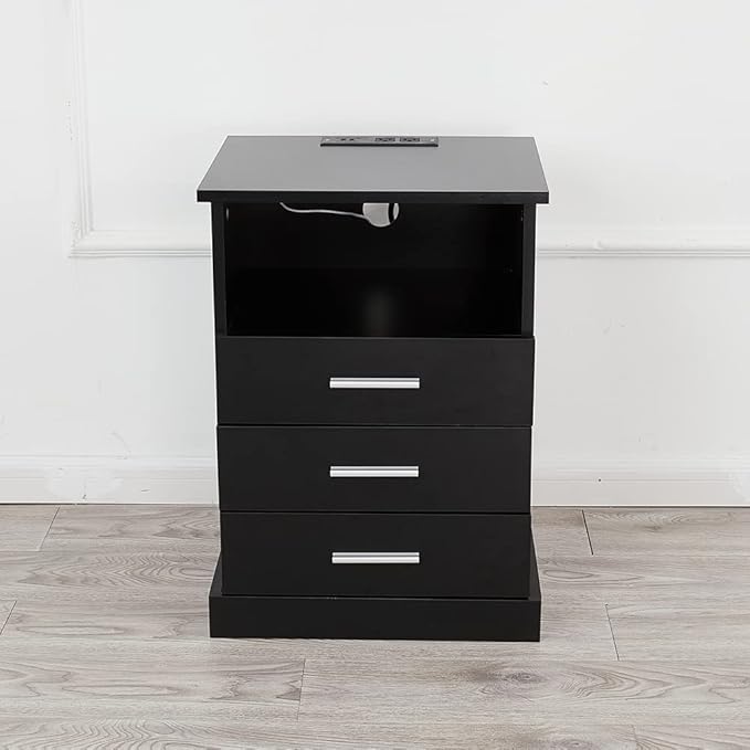 Black LED Nightstand with Charging Station, Side Table with 3 Drawers and Light - Image 10