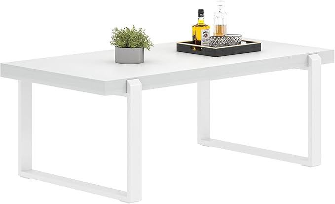 FOLUBAN White Coffee Table, Modern Rustic Wood and Metal Center Table, - Image 8