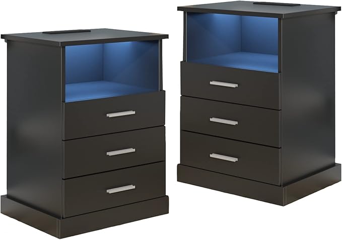 Black LED Nightstand with Charging Station, Side Table with 3 Drawers and Light by Halitaa