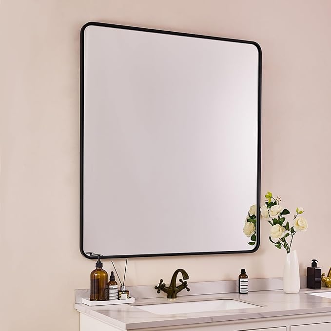 ANDY STAR 40X32 Inch Black Bathroom Mirror, Rounded Rectangle Mirror by ANDYSTAR