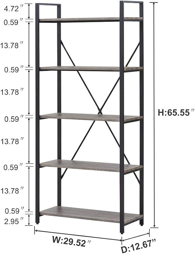 BON AUGURE Industrial Bookshelf, Etagere Bookcases and Book Shelves 5 Tier - Image 2