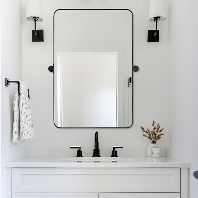 MOON MIRROR Matte Black Pivot Mirror Bathroom, Tilt Rounded Rectangular by MOONMIRROR