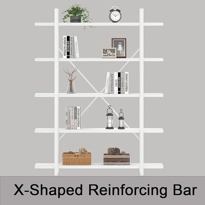 HSH 5 Tier Tall White Bookshelf, Metal and Wood Storage Book Shelves - Image 4
