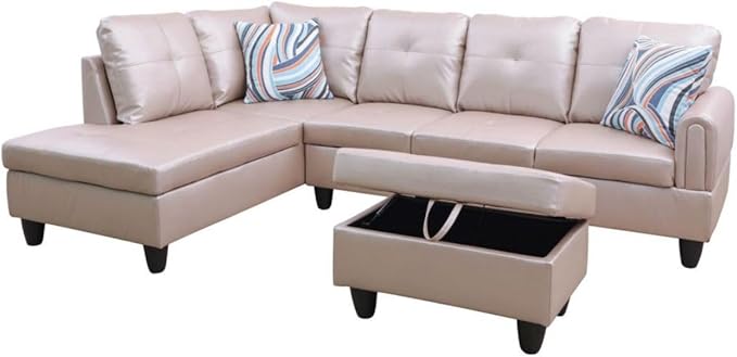 Latte L-Shaped 3-Piece Faux Leather Sofa - Image 8